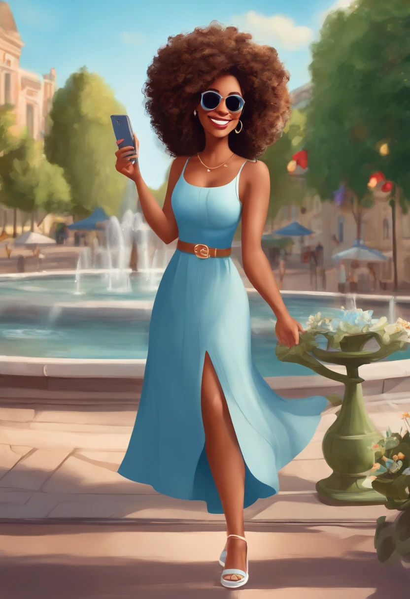 cartoon, disney, pixar, oversize smiling woman in sunglasses standing in front of a fountain, curly and wavy hair, on a sunny day, in a city square, blue dress with flowers, having a great time, standing in a city center, white shoes, cellphone on right hand, small cross tattoo on the left wrist