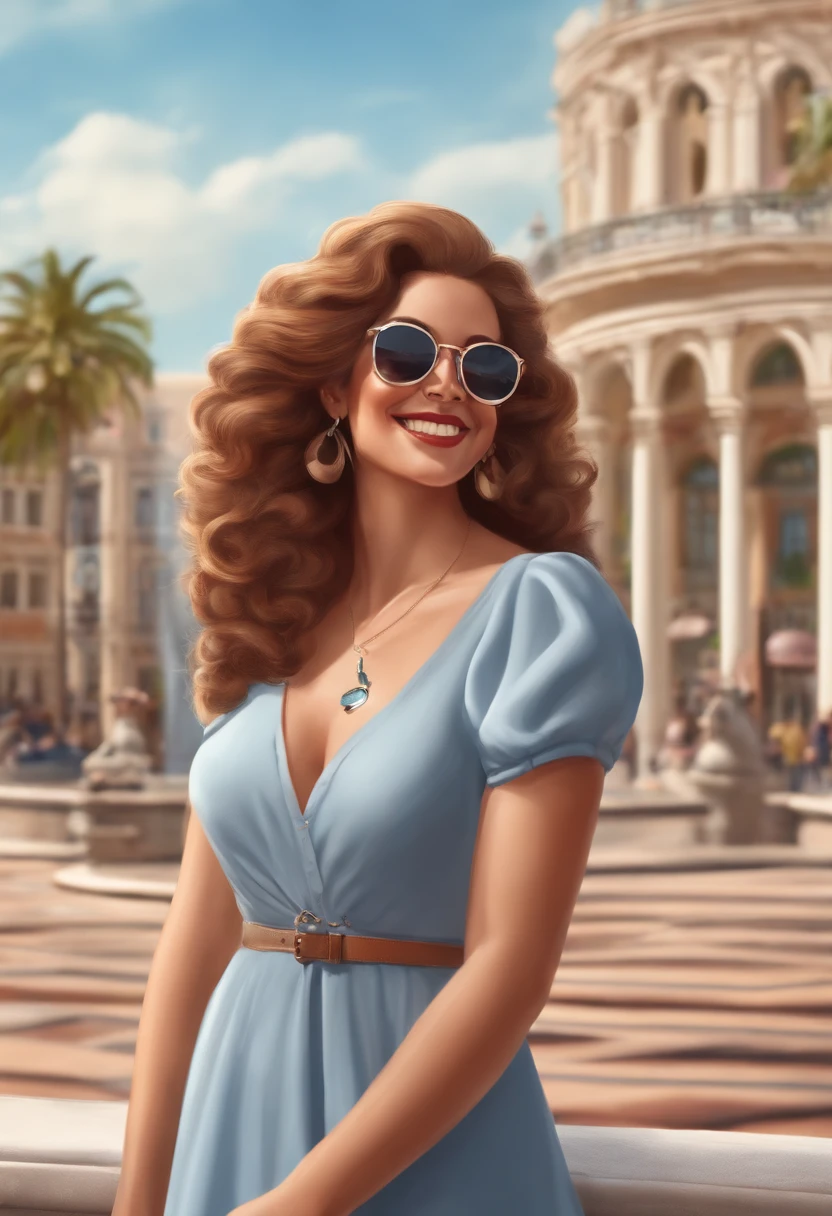 cartoon, disney, pixar, oversize smiling woman in sunglasses standing in front of a fountain, curly and wavy hair, on a sunny day, in a city square, blue dress with flowers, having a great time, standing in a city center, white shoes, cellphone on right hand, small cross tattoo on the left wrist