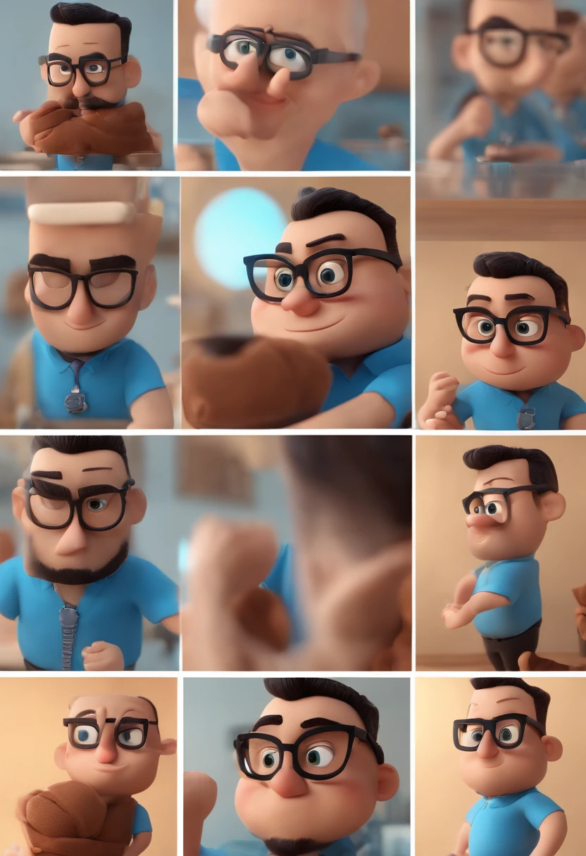 Cartoon character of a man wearing black glasses and a blue shirt, um personagem animado, Caractere estilizado, animation style rendering, 3D estilizado, Arnold Maya render, 3 d render stylized, toon render keyshot, Personagem 3D, Personagem 3D, 3d rendering stylized, 3 d character render, personagem de desenho animado, Personagem de close up, Pose de personagem, (Estilo Pixar) (master part:1.2) (Bokeh) (best quality) (pele detalhada) (textura detalhada) (8k) (argila) (Cinematic lighting) (foco nítido，Senta e vaza a parte superior do corpo