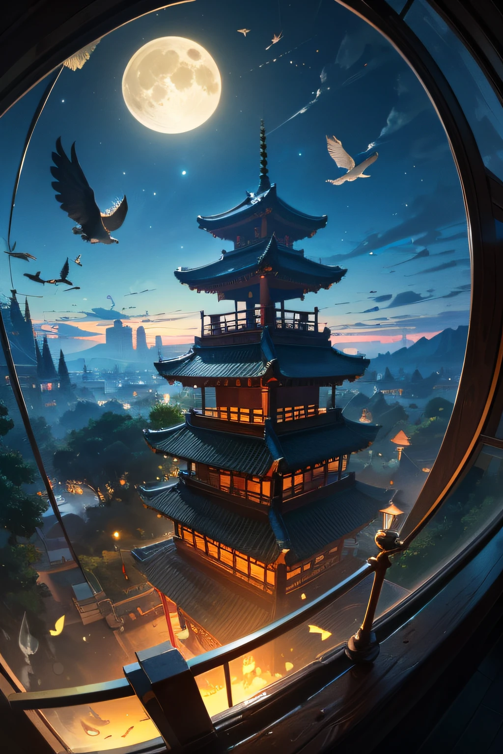 (fish eye,Masterpiece,Top quality,Best quality,offcial art,Beautiful and aesthetic,animation:1.2),east asian architecture,scenery,Moon,sky,Flying birds,waterfallr,Outdoors