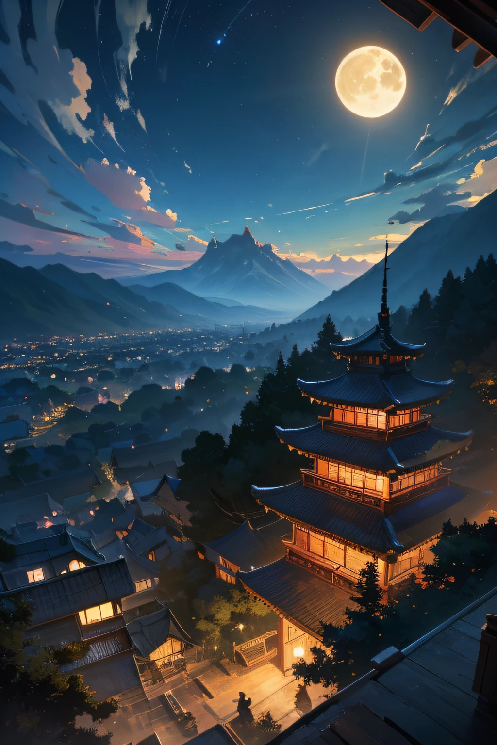 (fish eye,Masterpiece,Top quality,Best quality,offcial art,Beautiful and aesthetic,animation:1.2),east asian architecture,scenery,Moon,sky,Flying birds,waterfallr,Outdoors