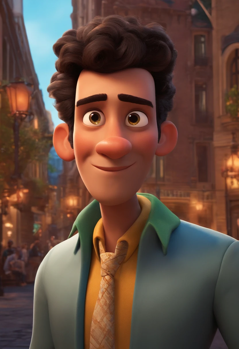 A city councilman looking at a dream project inspired by Pixar animation, de perto. The character takes center stage with captivating facial expressions, oferecendo um toque de irrealidade