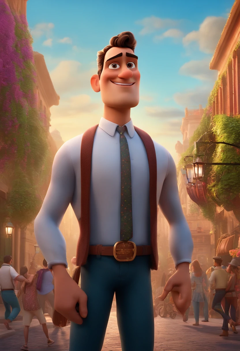 A city councilman looking at a dream project inspired by Pixar animation, de perto. The character takes center stage with captivating facial expressions, oferecendo um toque de irrealidade