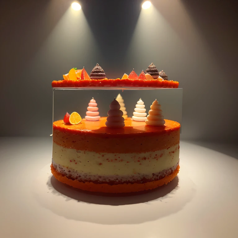 Cake methyl orange solution stand 1:6,Stereo equidistance,starlights,Cake Tyndall effect,Light and shadow intensification,Cake shape,Four-dimensional model,Virtual Engine,Cake rendering,Studio lighting,The light shines,Fantasy atmosphere,The cake is brightly colored,8K cake,Surface reflected light