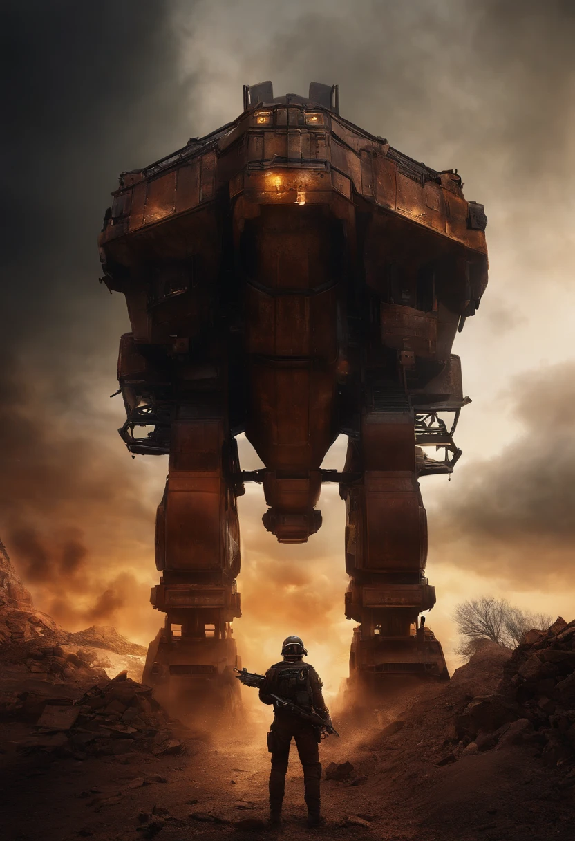 (Altas:1.2, Realistic, vivid colors), Apocalyptic War Zone Dominated by Machines, [distopic], [post apocalyptic], [destruction], [ruins], [smoke billowing], [desolation], [decair], [metal structures], [Tecnologia], [atmosfera escura], [Ominous clouds], [Powerful machines], [drones armados], [Mechanical Welds], [Missile launchers], [noah]
