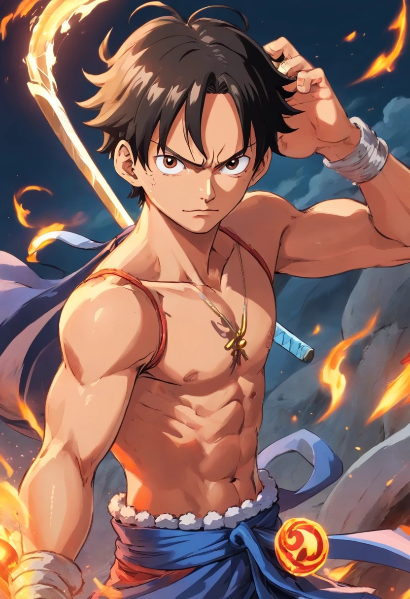 Crie uma arte de um personagem masculino de One Piece com cabelos longos e amarrados. He possesses an athletic physique, olhos vermelhos e uma altura de 1,78m. His face displays a serene expression, Conveying an unwavering calm. O personagem empunha uma katana com maestria, demonstrating your skill and confidence in the art of the sword. Seu cabelo longo, amarrado cuidadosamente, Adds a touch of elegance to your warrior look. Their clothing is inspired by oriental culture, with symbolic details and a striking design. Ao fundo, Visuals depict your journey as a lonely and brave warrior. The art captures the inner strength and determination of this character, conveying the feeling that he is a formidable opponent, as well as a dedicated protector of the principles he believes in." He doesn't look like. Nenhum personagem de one piece