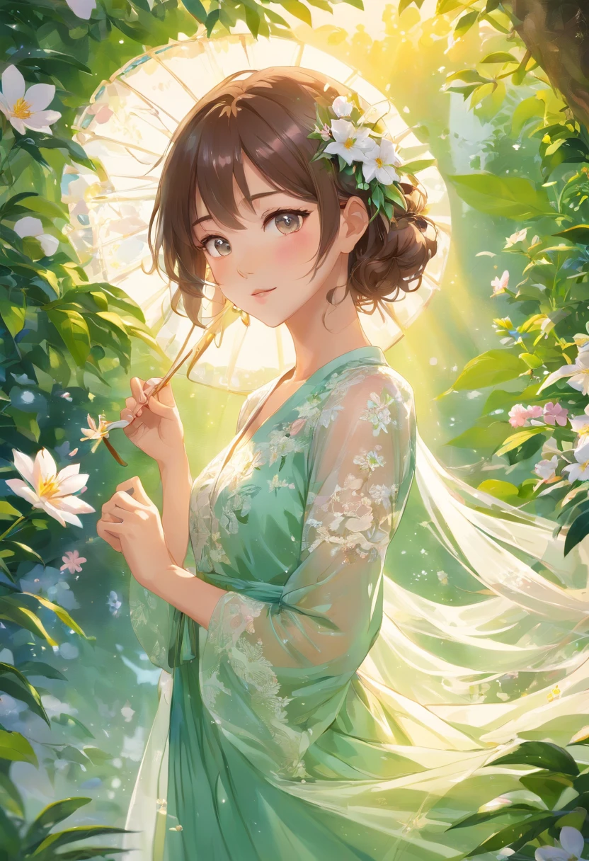 (best quality,4k,8k,alta resolução,masutepiece:1.2),ultra-detalhado,(Realistic,fotorrealista,Fotorrealista:1.37),orelhas longas e elegantes em forma de elfo,pele clara e parecida com porcelana,Cabelos loiros platinados, fluindo suavemente,olhos verdes penetrantes e sedutores,feminine and delicate facial features,bochechas suavemente rosadas,figura esbelta e graciosa,,wearing a flowing ethereal dress made of silk and lace,Mediterranean garden with flowers,luz solar suave e quente iluminando a cena,vibrant and lush vegetation around the garden,O aroma refrescante das flores que enchem o ar,Uma lagoa cristalina que reflete a beleza do jardim,peaceful and serene atmosphere,Delicada e harmoniosa paleta de cores de tons pastel,macio, Dreamy lighting that creates a magical atmosphere.