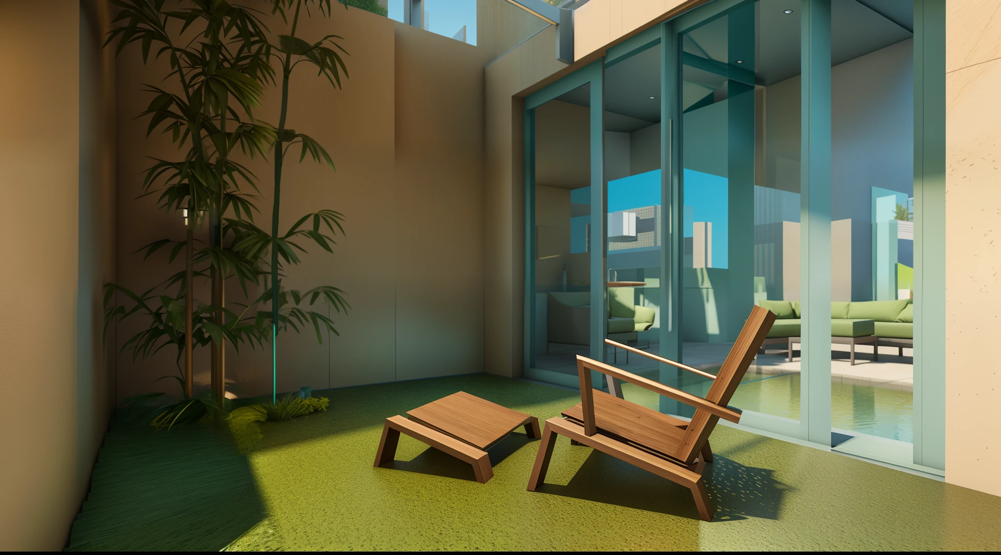 there is a chair and a table in a courtyard area, detailed archviz render, rendered in lumion pro, rendered in unreal engine 6, rendered in unreal engine 3d, 3 d unreal engine render, 3d unreal engine render, rendered in unreal engine, archviz, photo realistic render, photorealistic render, rendered in unreal engine 3, rendered in the unreal engine