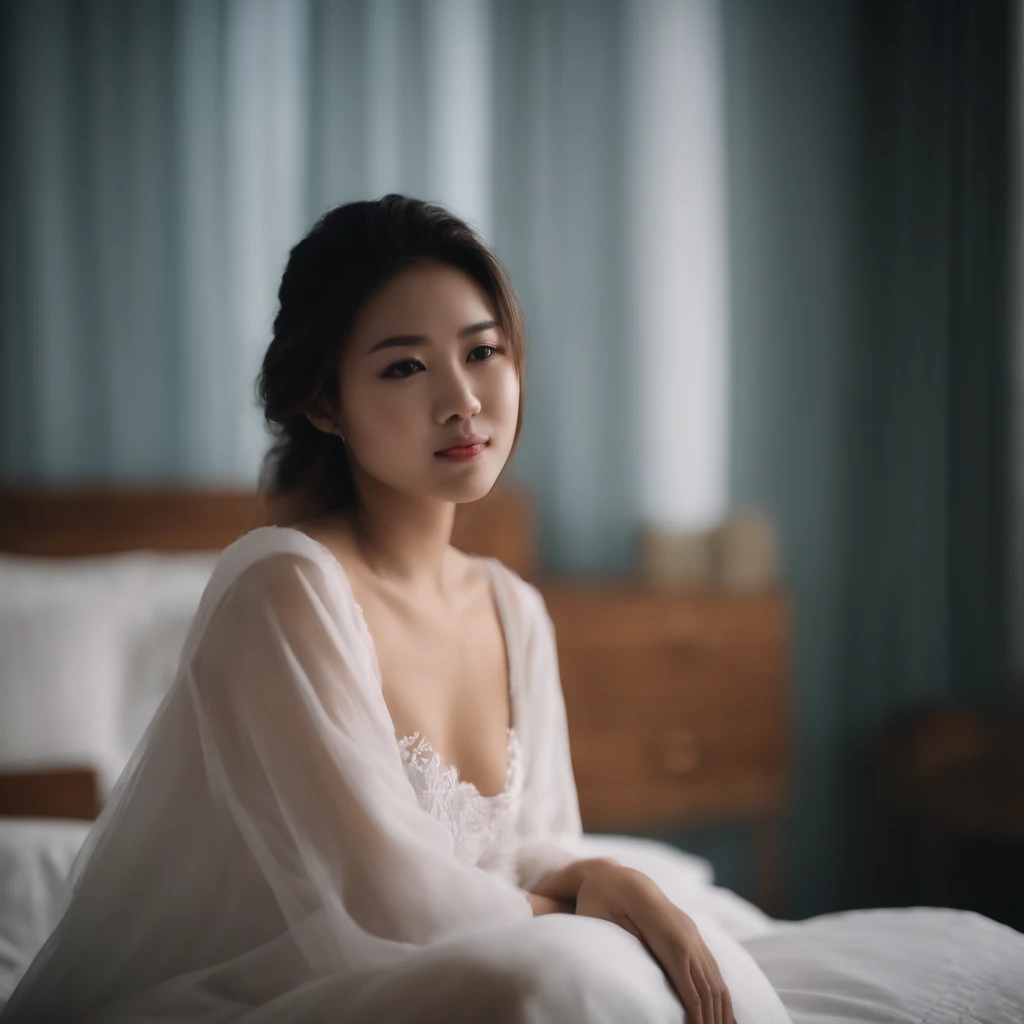 Masterpiece, Best quality, 4K, hyper HD,A Japanese girl,Squatting on the Bed,spreads her legs apart ,White sheer slip mini nightdress,(shows nipple:1.5),