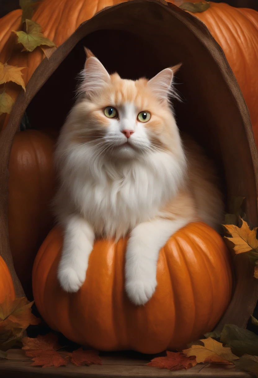 With a photo of a realistic white cat mysteriously peeking out from inside a carved pumpkin、beard is twitching.