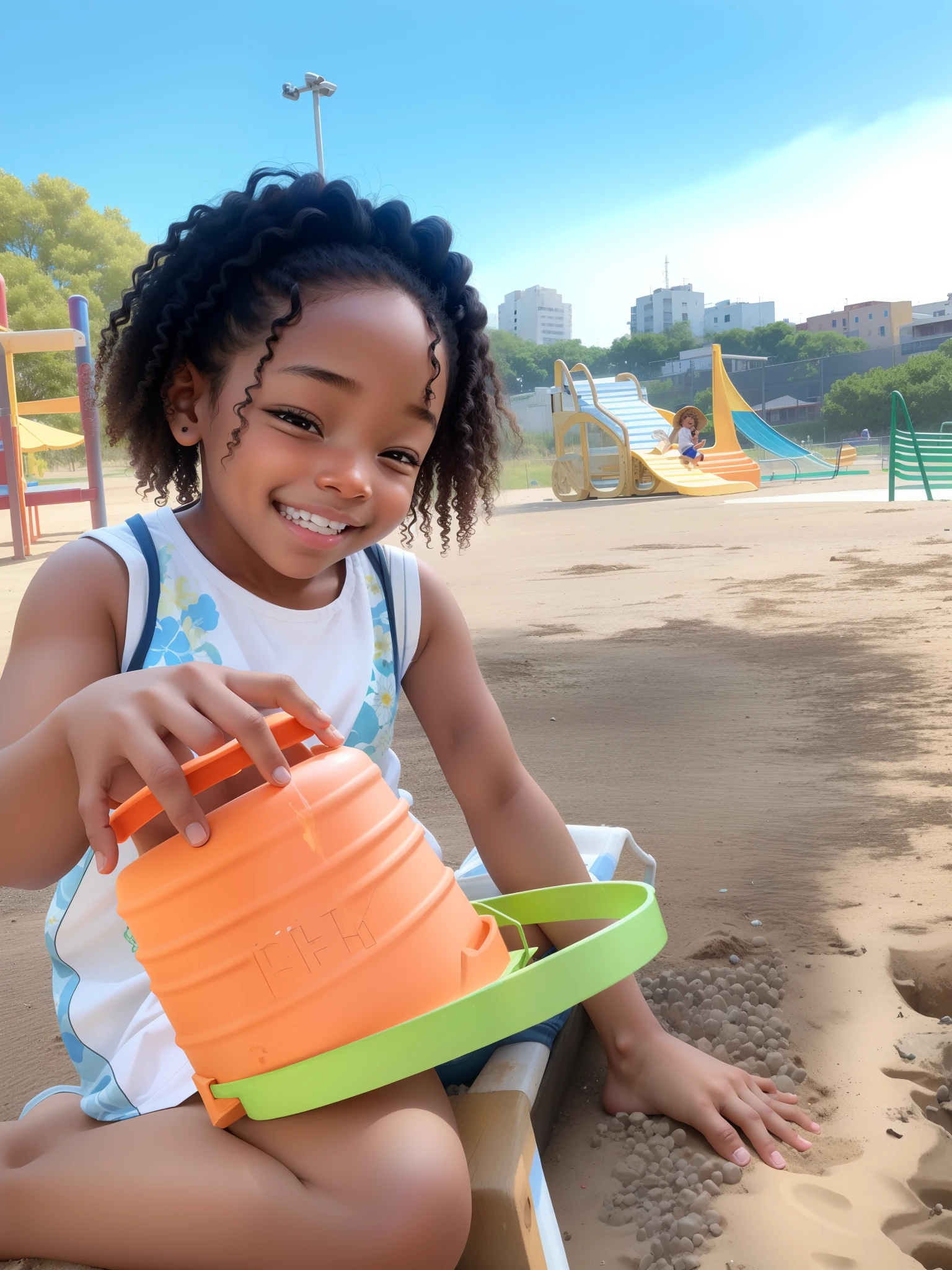 there is a young girl sitting on the ground playing with a bucket, playing at the beach, having a great time, at the park, smiling playfully, toddler, at a park, by Samuel Silva, on a sunny day, , at the park on a beautiful day, with a park in the back ground, light skinned african young girl