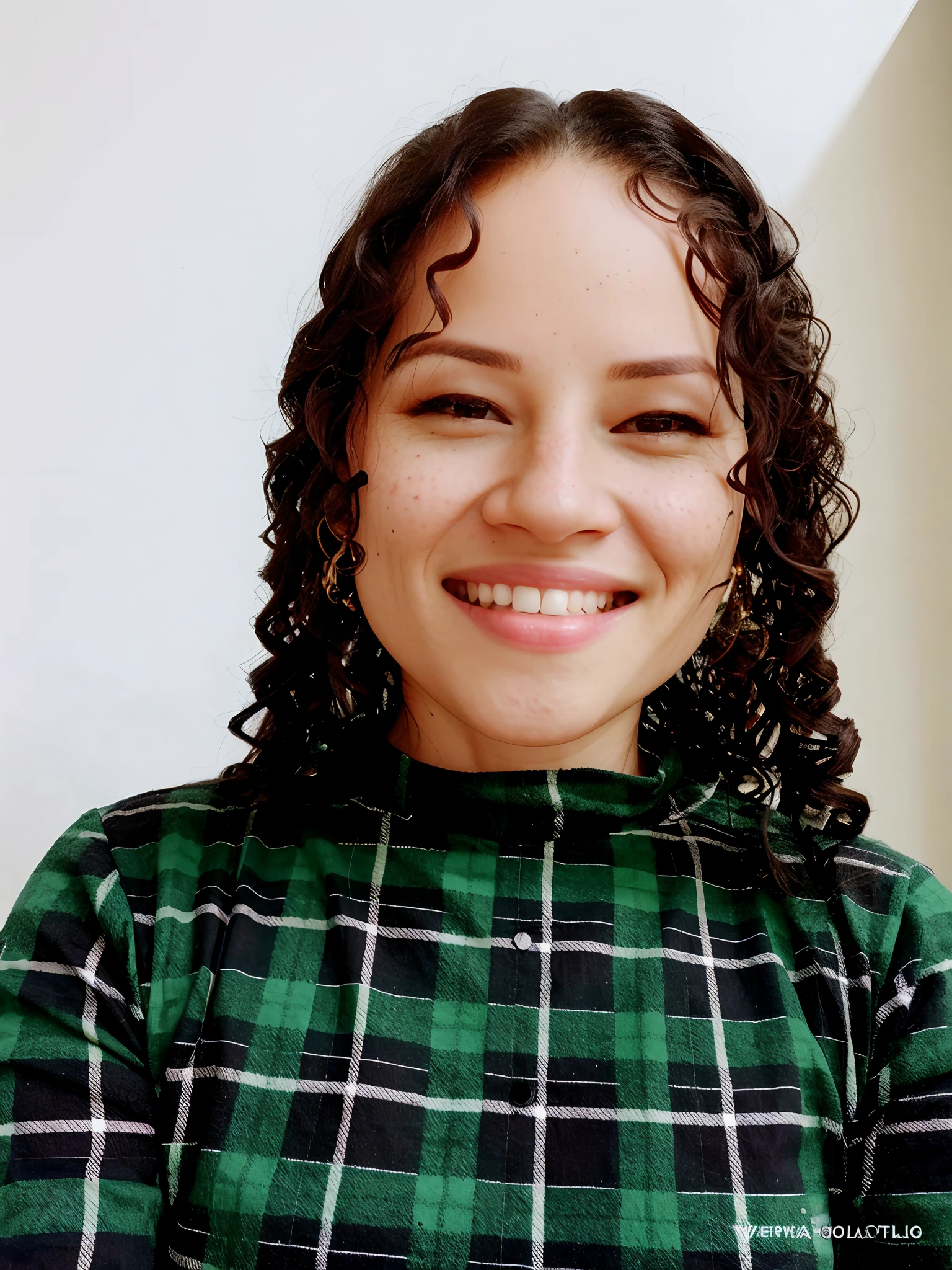 mulher sorridente com cabelo cacheado e camisa xadrez verde segurando uma banana, Alanis Guillen, fernanda suarez, retrato frontal, imagem de perfil, Foto profissional detalhada, Malika Favre, retratado dos ombros para cima, Anos Imane, Magda Torres Gurza, Estefania Villegas Burgos, 3 0 anos mulher