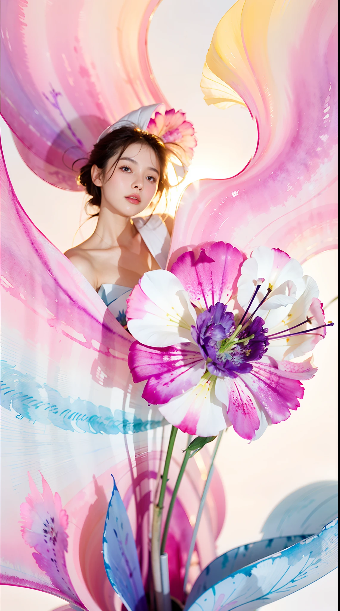 1girl,flower, Lisianthus ,in the style of light pink and light azure, dreamy and romantic compositions, pale pink, ethereal foliage, playful arrangements,fantasy, high contrast, ink strokes, explosions, over exposure, purple and red tone impression , abstract, ((watercolor painting by John Berkey and Jeremy Mann )) brush strokes, negative space,