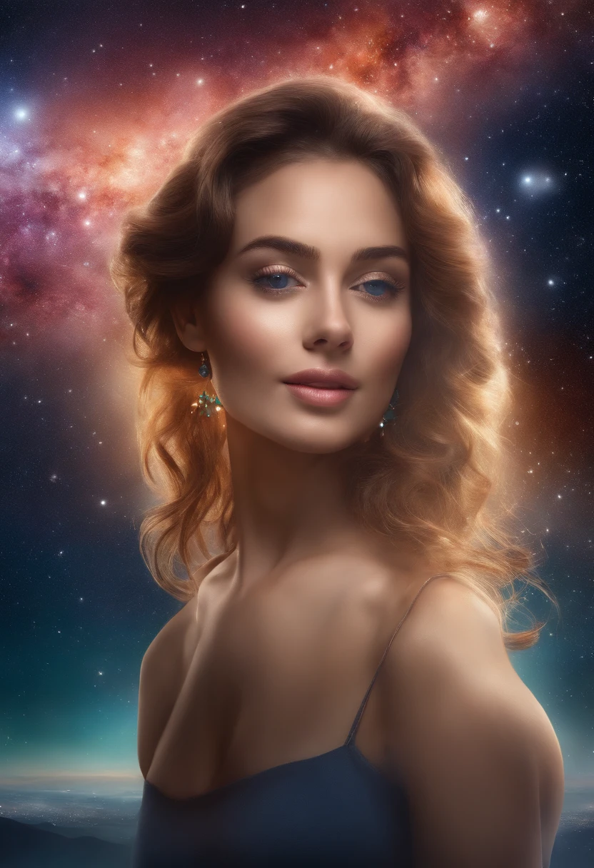 High detail, Super Detalhe, super high resolution, Girl enjoying her time in the galaxy of dreams, cercado por estrelas, luz quente aspergida sobre ela, background is starry sky with colorful galaxies and clouds of galaxies, estrelas voando ao seu redor, rosto delicado, Adding playful atmosphere ,