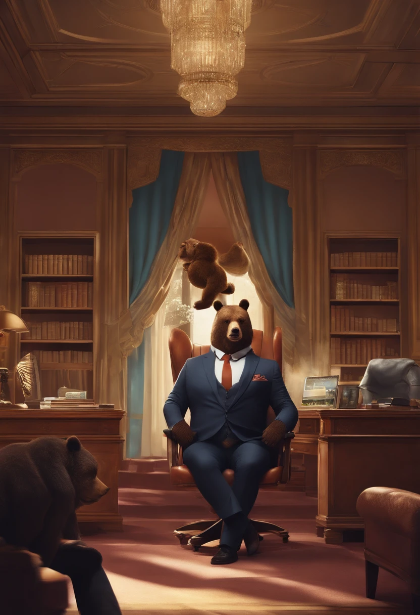 The upper body is wearing a suit,A fat bear in a suit wearing white panties on the lower half of his body,The body is strong,There are some beards on the face,Sitting in an office chair with Erlang's legs crossed,Clench your hands into fists and raise them upward