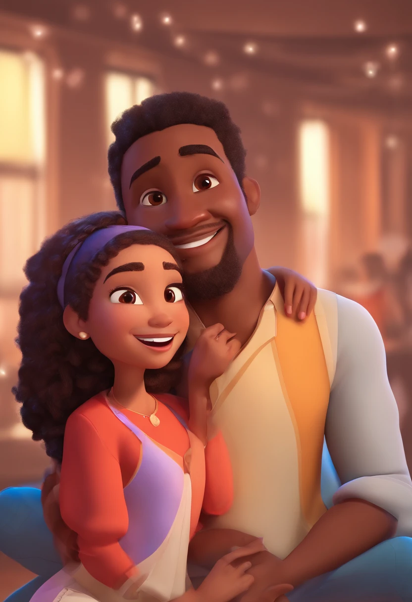 An illustration of an adorable couple, Spotlight on a smiling thin mulatto man and a white woman with beautiful small, expressive eyes - the man's skin is mulatto and the man's hair has, while the woman's skin is white and the woman's hair is straight and brown. They are a bright room, cada um com um sorriso no rosto, e compartilhar um momento especial caracterizado pelo amor, Insights. Illustrate this scene from a perspective where they are facing the camera, Smiling and Showing Your Connection. Desenvolva esta arte em Full HD, Focus on your cinematic touch, Estilo Disney Pixar Animations