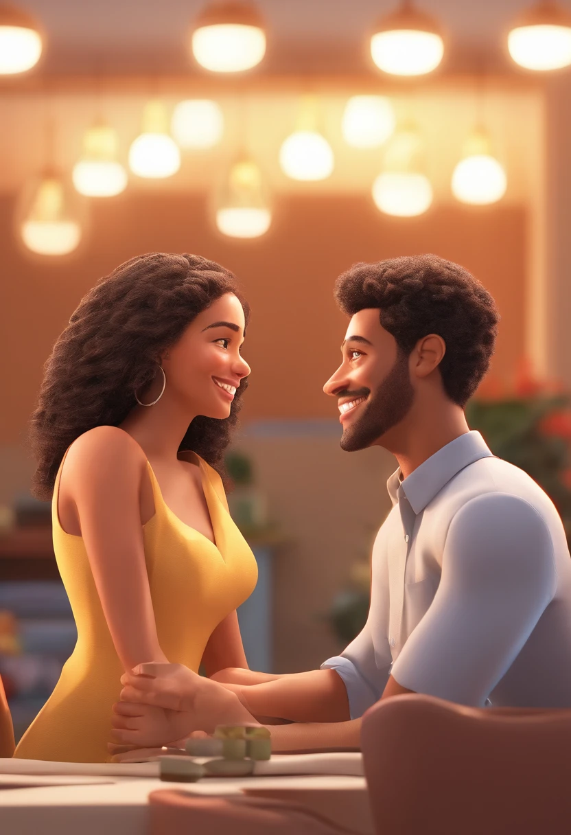 An illustration of an adorable couple, Spotlight on a smiling thin mulatto man and a white woman with beautiful small, expressive eyes - the man's skin is mulatto and the man's hair has, while the woman's skin is white and the woman's hair is straight and brown. They are a bright room, cada um com um sorriso no rosto, e compartilhar um momento especial caracterizado pelo amor, Insights. Illustrate this scene from a perspective where they are facing the camera, Smiling and Showing Your Connection. Desenvolva esta arte em Full HD, Focus on your cinematic touch, Estilo Disney Pixar Animations