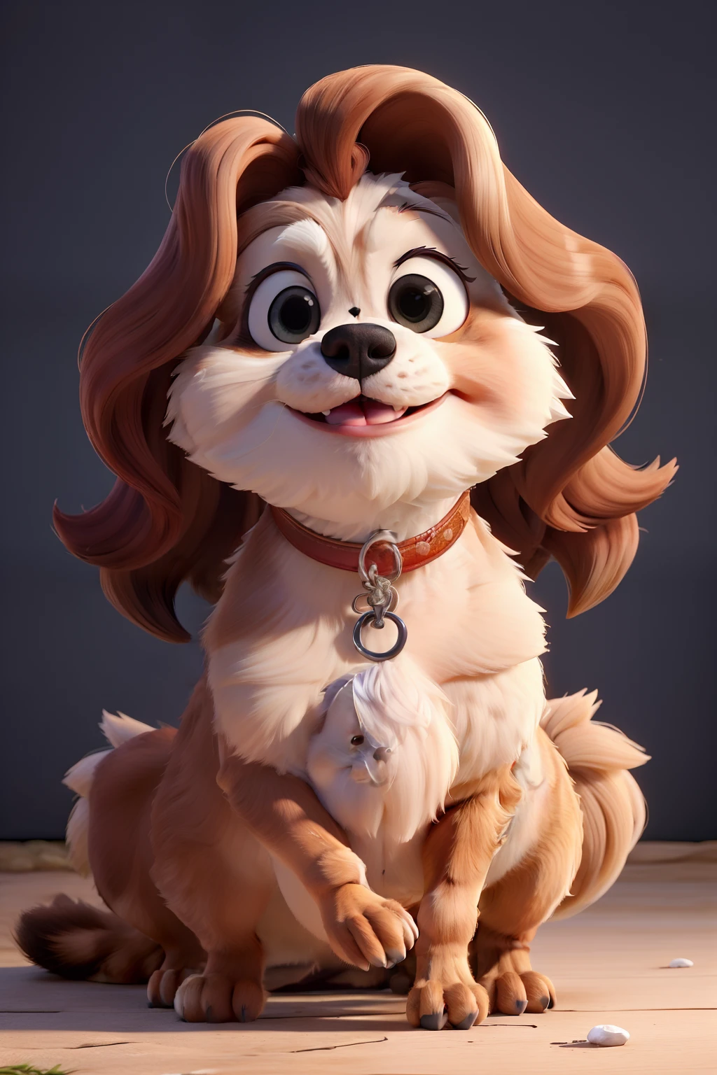 Mulher alta magra cabelos castanhos longos e levemente ondulados olhos grandes e esverdeados labios finos com filha de sete anos cabelos cacheados olhos grandes e cor de mel com cachorrinha shihtzu branca e bege