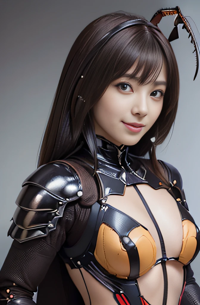 (high resolution,masterpiece,best quality,extremely detailed CG, anime, official art:1.4), realistic, photo, amazing fine details, all intricate, gloss and shiny,awesome many layers, 8k wall paper, 3d, sketch, kawaii, illustration,( solo:1.4), perfect female proportion,villainess, (fusion of dark brown cockroach and lady:1.4), (brown cockroach form lady:1.2), (brown cockroach lady:1.2), (fusion:1.2), (solo:1.4), (evil smile:1.2), muscular, abs, (cockroach brown exoskeleton bio insect suit:1.4), (cockroach brown exoskeleton bio insect armor:1.2), (brown transparency cockroach wing:1.4), (brown cockroach antennae:1.3),