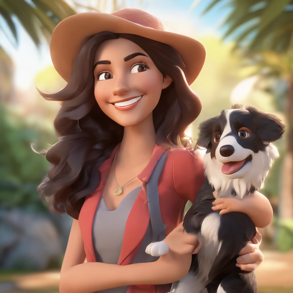 Flavia is a smiling 38-year-old woman, com seu fiel amigo, Tobias, o cachorro border collie preto, deitados no jardim