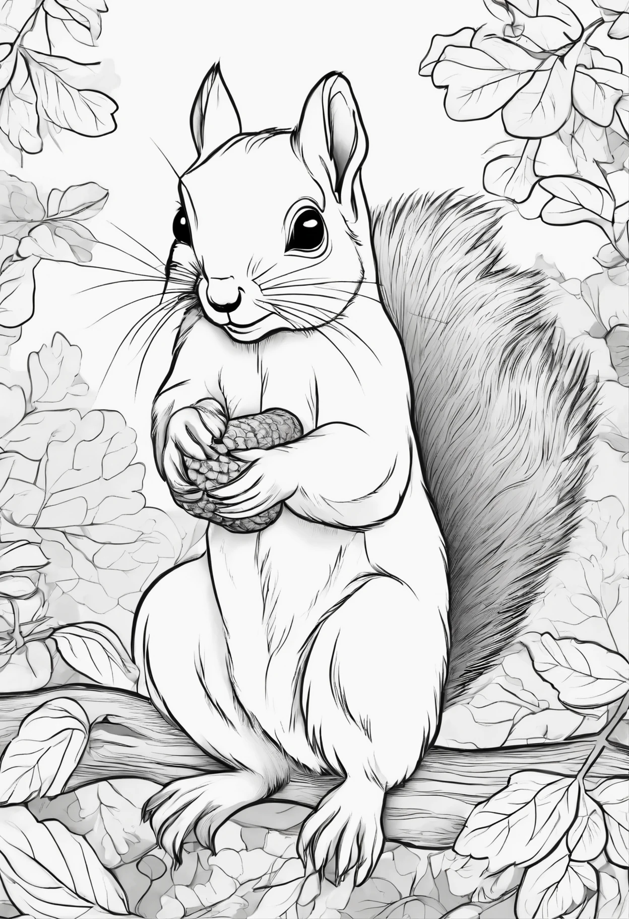 Generate black and white colouring pages of a squirrel eating an acorn, cute cartoon-style animals with low detail, no shading, no shadows, no background, and no borders.