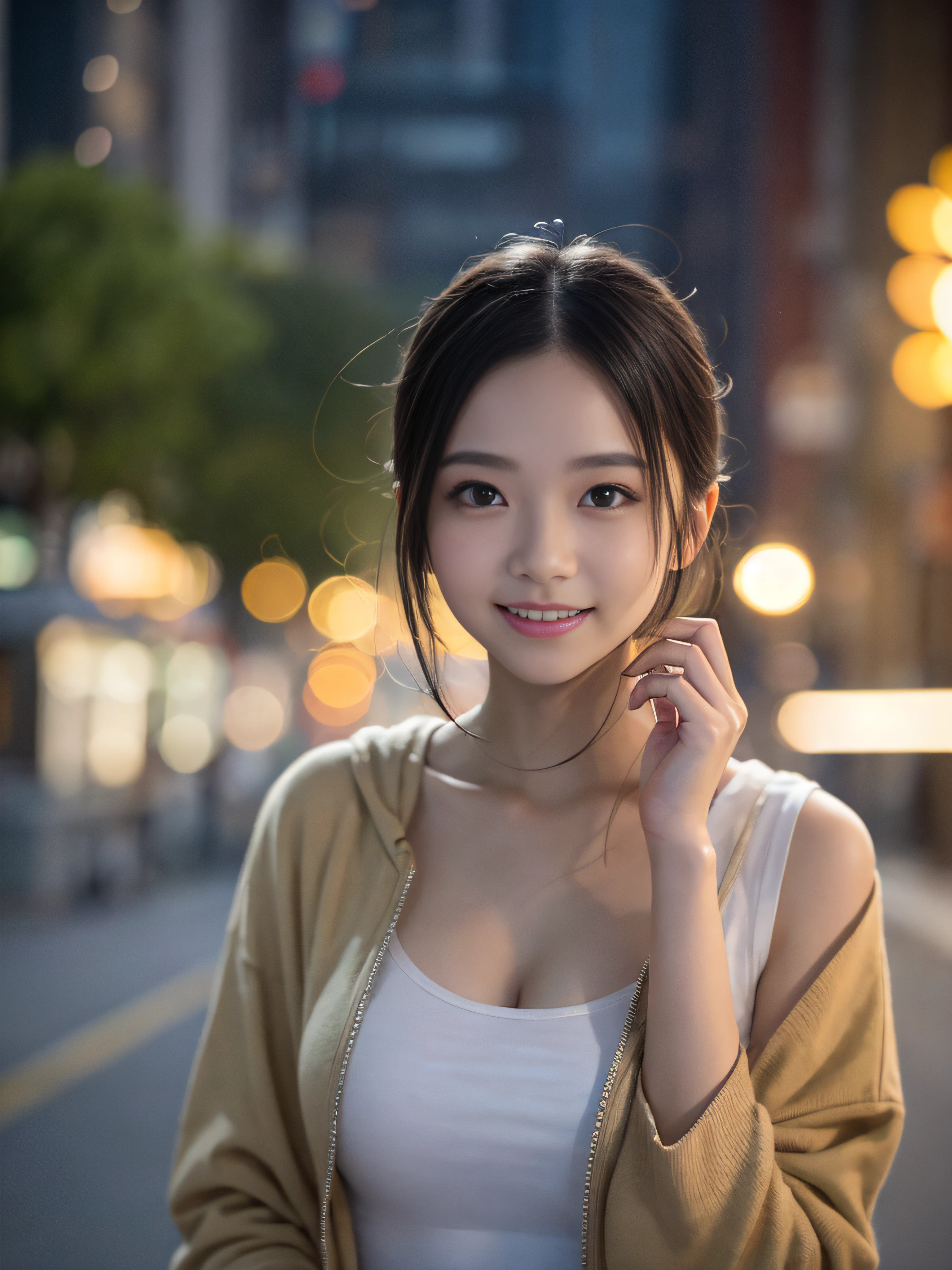 RAW image quality、8K分辨率、Ultra-high-definition CG images、Skyscraper street at night、(Ginkgo Autumn🍁)、Moonlight、17 year old beautiful woman、Detailed beautiful eyes、Clear skin、Oversized front open hoodie、Thin cropped tank top、Colossal tits、In a row of ginkgo trees、depth of fields、masutepiece、absurderes、24K Graphic Arts、Carefully drawn background、Composition with depth、sano、jumpy、A smile、Bokeh background、