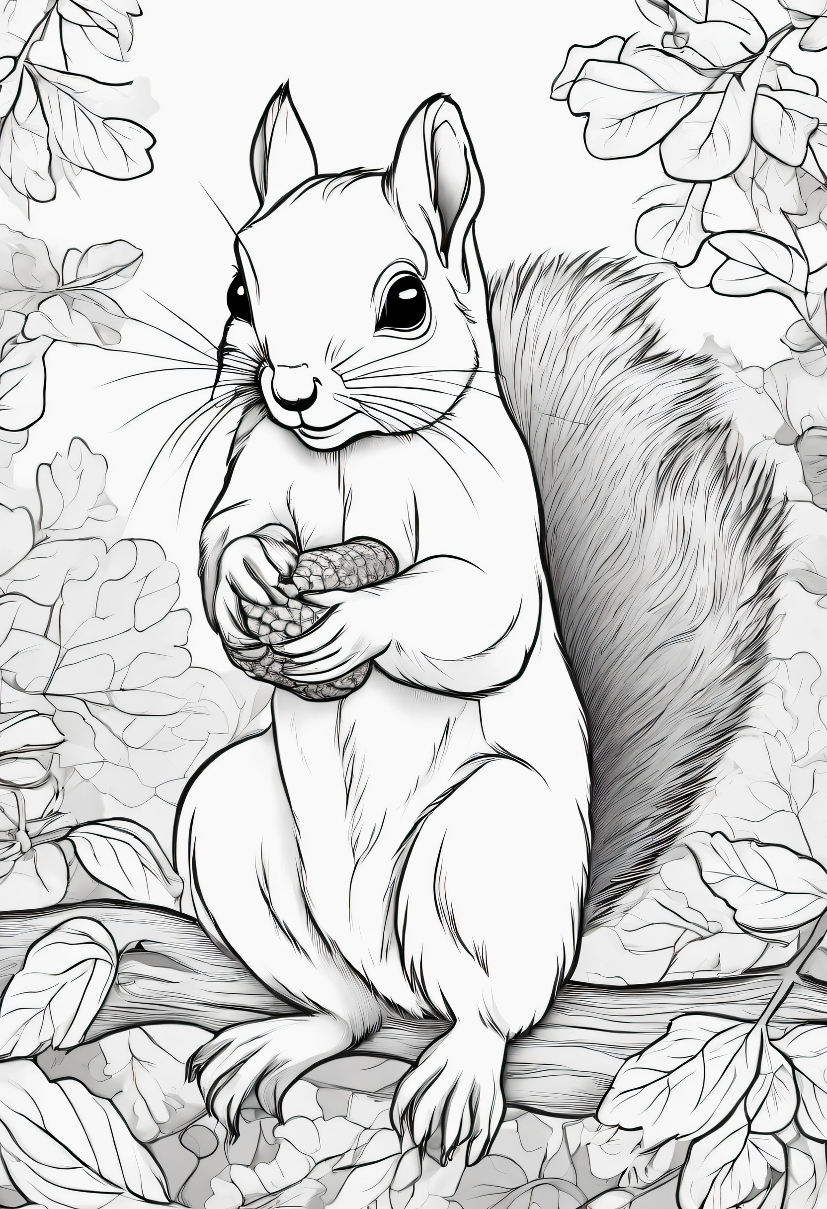 Generate black and white colouring pages of a squirrel eating an acorn, cute cartoon-style animals with low detail, no shading, no shadows, no background, and no borders.