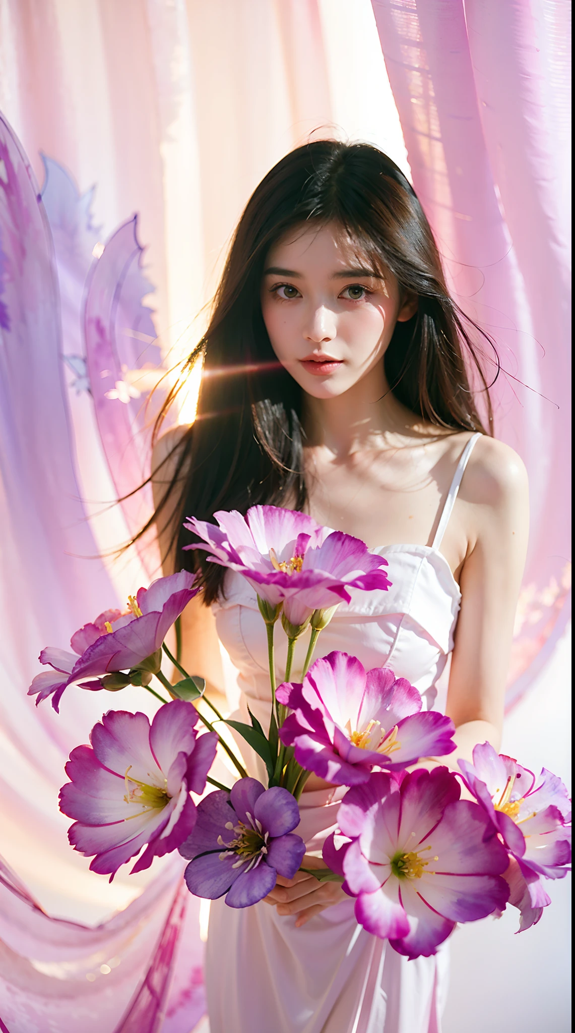 1girl,flower, Lisianthus ,in the style of light pink and light azure, dreamy and romantic compositions, pale pink, ethereal foliage, playful arrangements,fantasy, high contrast, ink strokes, explosions, over exposure, purple and red tone impression , abstract, ((watercolor painting by John Berkey and Jeremy Mann )) brush strokes, negative space,