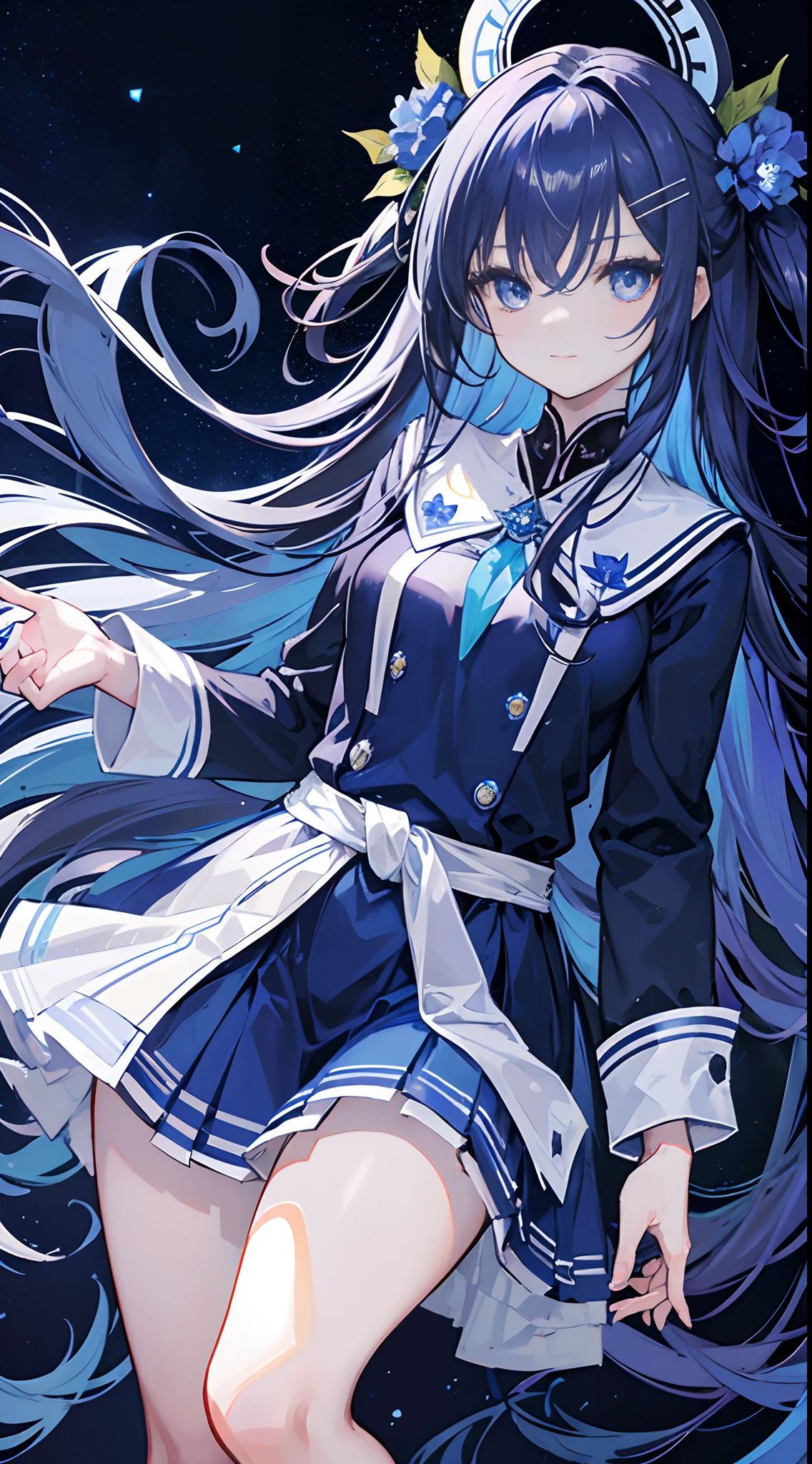 Light black-blue emanates，The hair does not reach the waist，With a hairpin with a blue flower decoration on the upper left side，Deep purple-blue eyes，Like an endless starry sky。
Long blue silky hair，Deep blue crystal eyes，A slight smile，Blue sailor uniform school uniform，Hairpins，Holding a flower on the other side