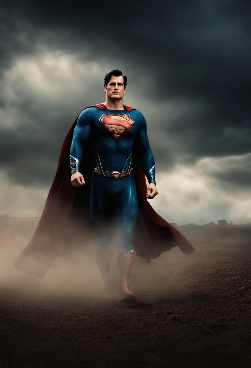 Superman, traje preto, sobrevoando a terra, serio.