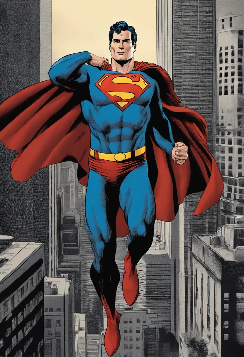 Superman, traje preto, sobrevoando a terra, serio.