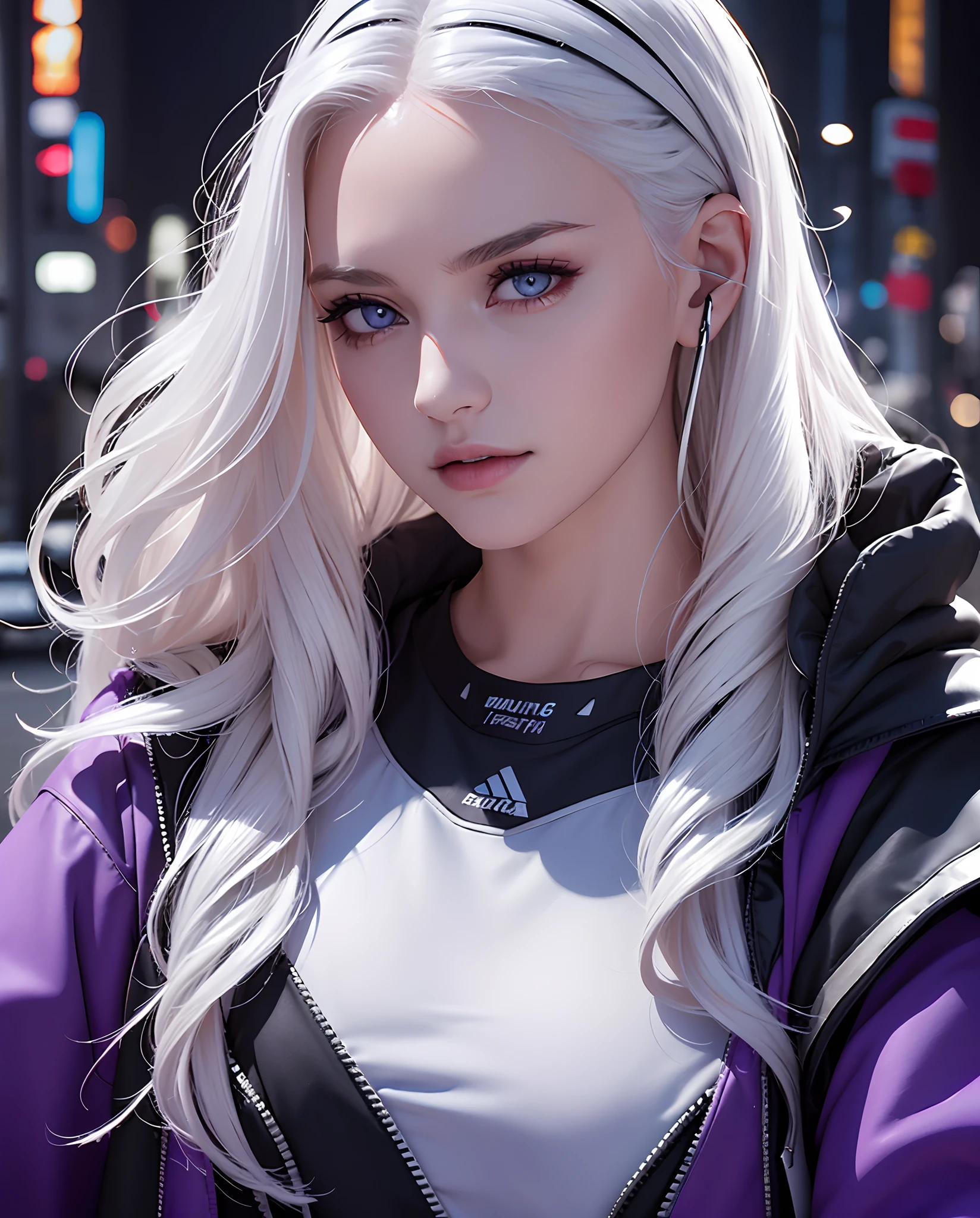 1girl, white hair, long hair, techwear masterpiece, bestquality, realistic, realism, dark purple jacket, portrait, detailed eyes, wearing headset, platinum hair, 21 year old girl, fashion pose, half body, wide shoot, on the street, cyberpunk, close up, potrait