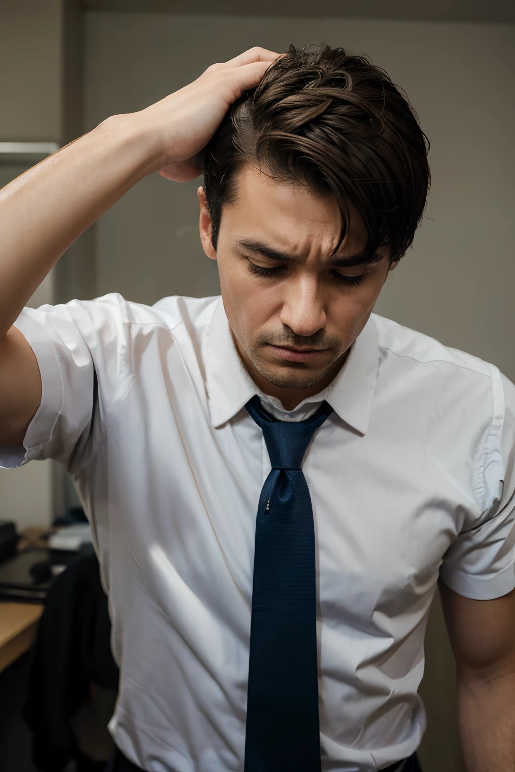 a man at work pulling his tie, conveying the idea of someone who would like to get rid of that condition, conveying exhaustion and dissatisfaction. realistic