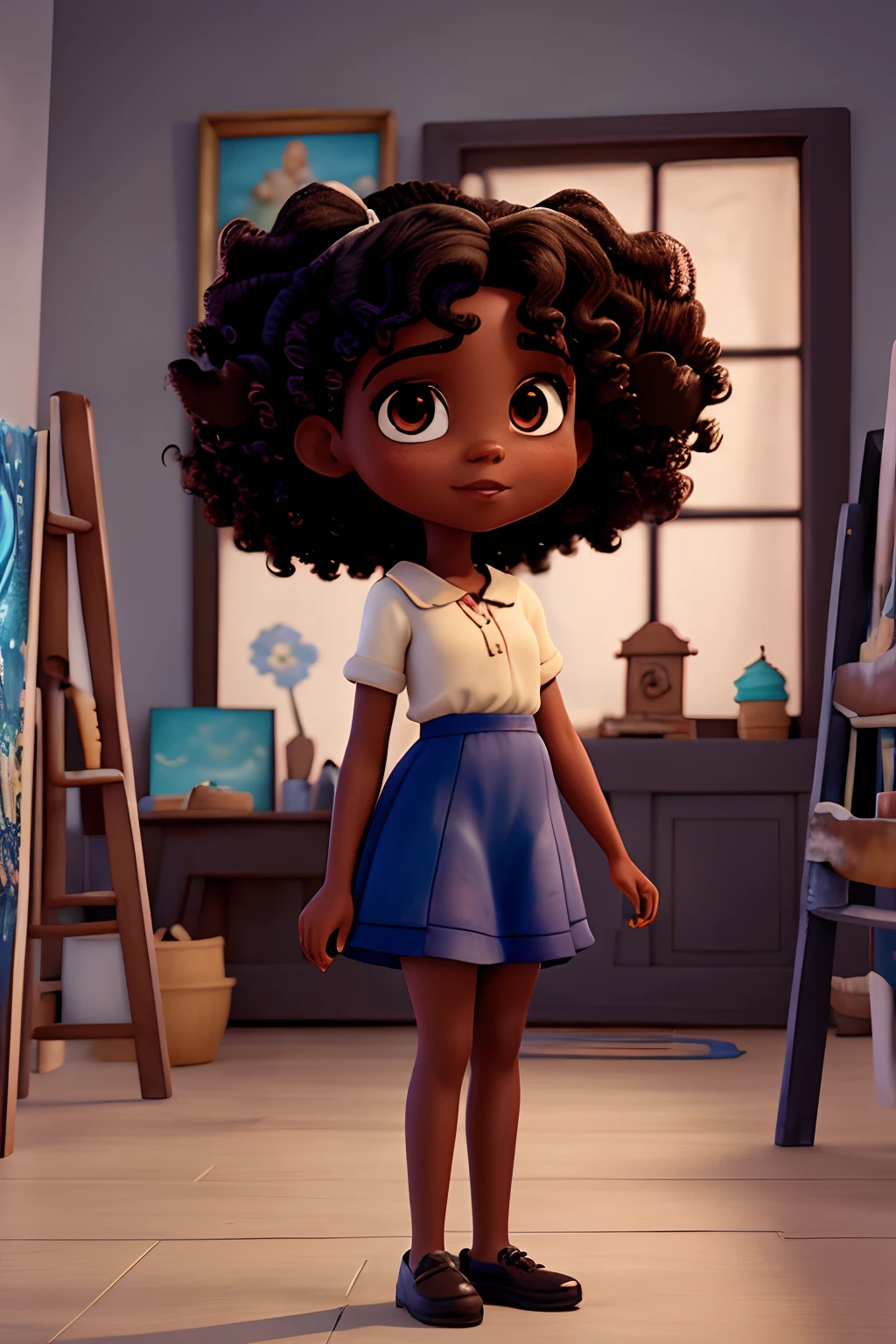 Capa de filme estilo Disney, uma preta com olhos castanhos, Dark skin and curly hair working painting pictures and an art studio in the background