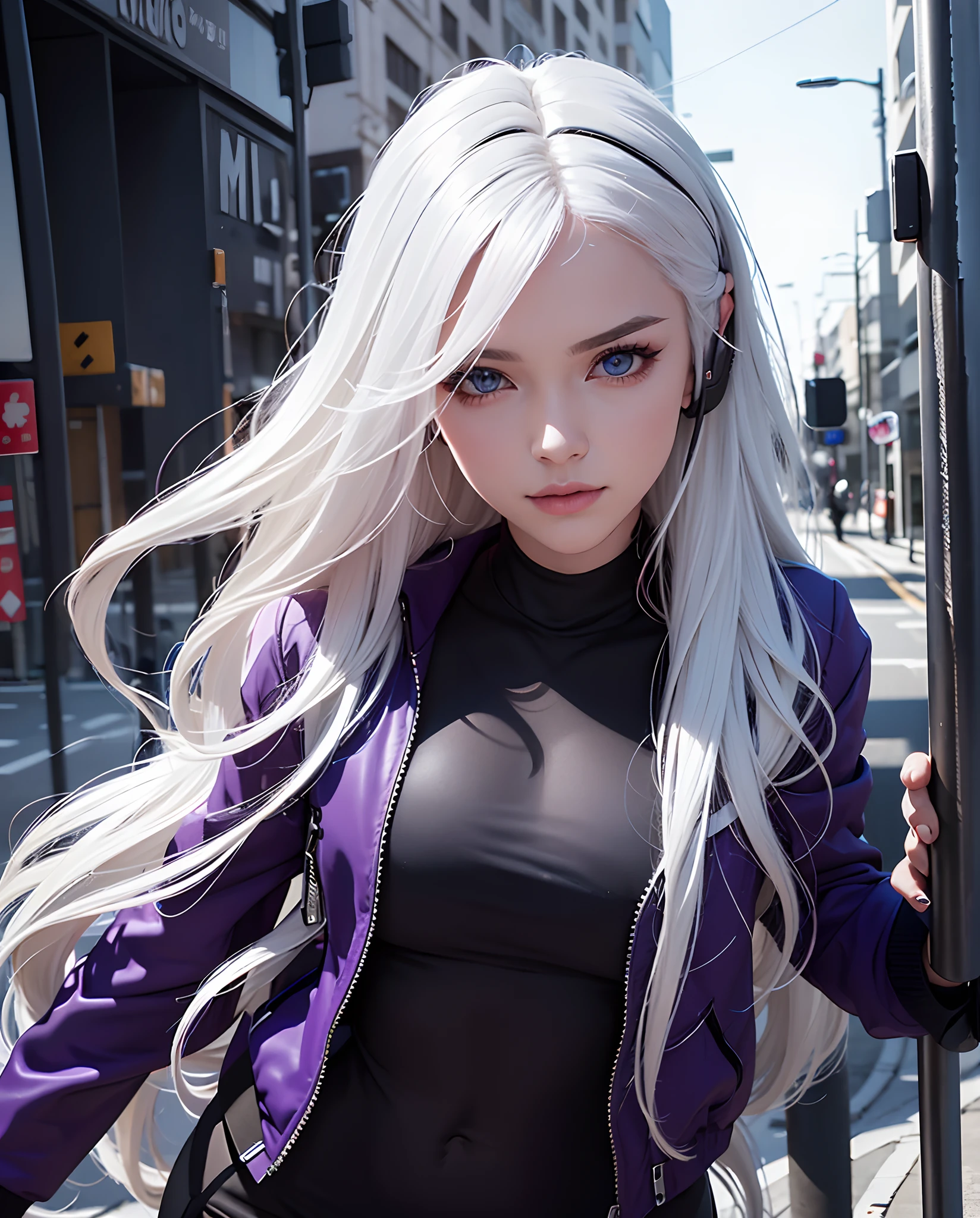 1girl, white hair, long hair, techwear  masterpiece, bestquality, realistic, realism, dark purple jacket, portrait, detailed eyes, wearing headset, platinum hair, 21 year old girl, fashion pose, half body, wide shoot, on the street, cyberpunk,