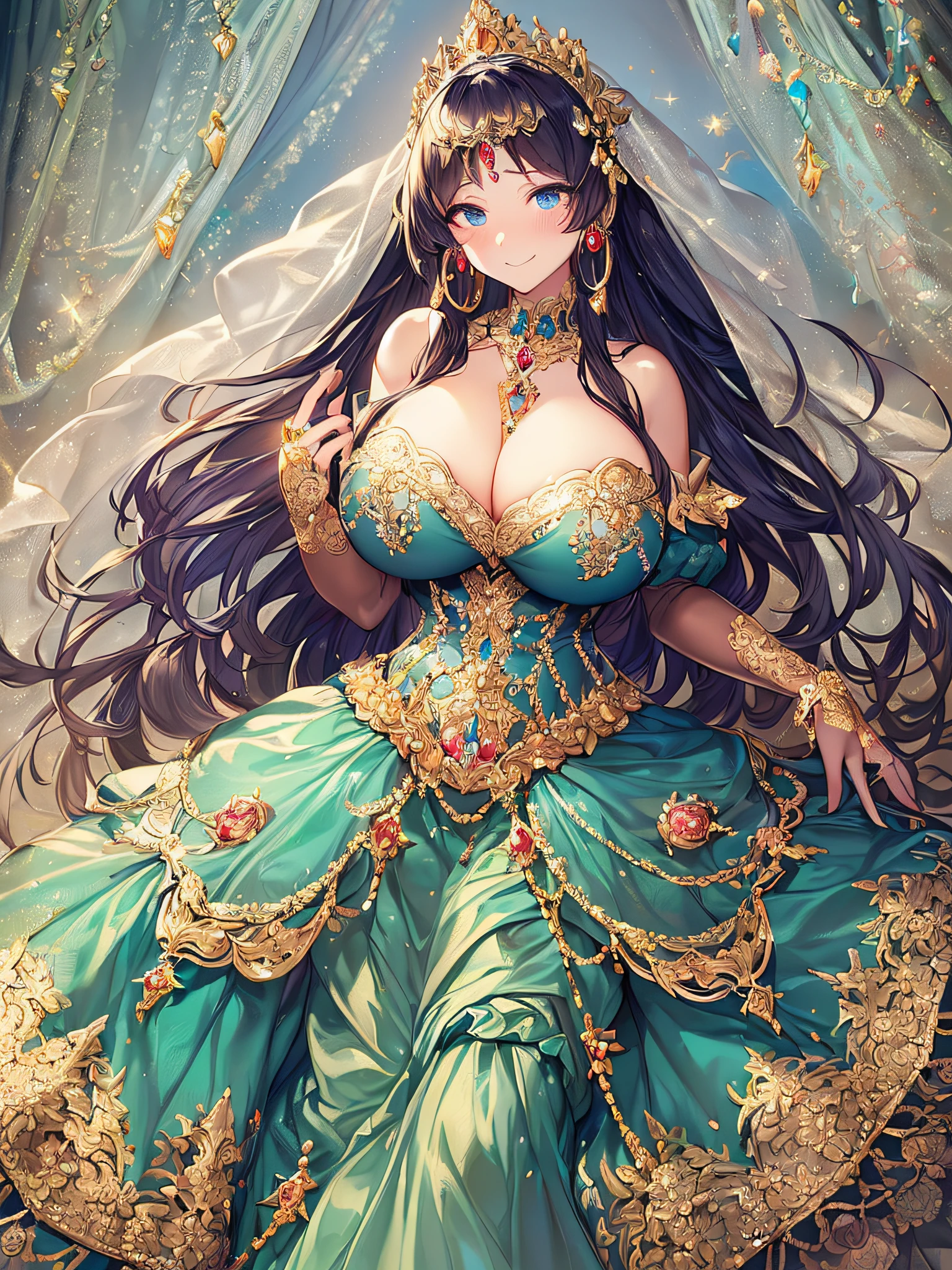 ((Anime Art Style)),((masutepiece,Best Quality,Super Detail,Very delicate and beautiful)),((Full body portrait)),((Solo)),(((One princess in Gorgeous embroidery and jeweled extremely gorgeous rococo ballgown with voluminous full length hoop skirt))),(Crinoline hoop skirt),(((very gigantic boobs,Skindentation))),((extremely voluminous Very Long Straight Hair)),(finely detailed face and eyes),(Seductive smile,embarrassed),extremely gorgeousfull hair ornament,very gorgeous tiara adorned with bling-bling jewels,Glitter Gorgeous Gemstone Jewelry,Gorgeous Long Veil,opera gloves,(Beautiful background),(Full body),((Gorgeous embroidery and jeweled extremely gorgeous rococo ballgown with voluminous full length hoop skirt))