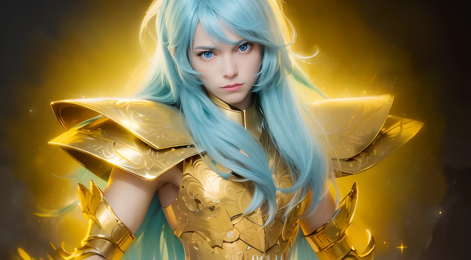 (masterpiece), (realistic) , close up portrait of a man, (male), 35 years old, Swedish, (1boy), solo, serious, looking at viewer, pretty handsome man, ((pretty big blue eyes), wearing an medieval armor, (full body armor), (golden armor), chrome gold, (detailed armor), (ornate armor), long straight light blue hair, (hair blowing in wind), (hair bangs), upper body, cosmic golden rain background, cinematic lighting, ((beardless)) ((perfect big blue eyes)). Androgynous face.