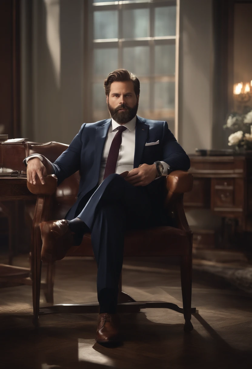 The upper body is wearing a suit，A fat uncle in a suit wearing white underwear on the lower half of his body，The body is strong，There are some beards on the face，Sitting in an office chair with Erlang's legs crossed，Clench your hands into fists and raise them upward