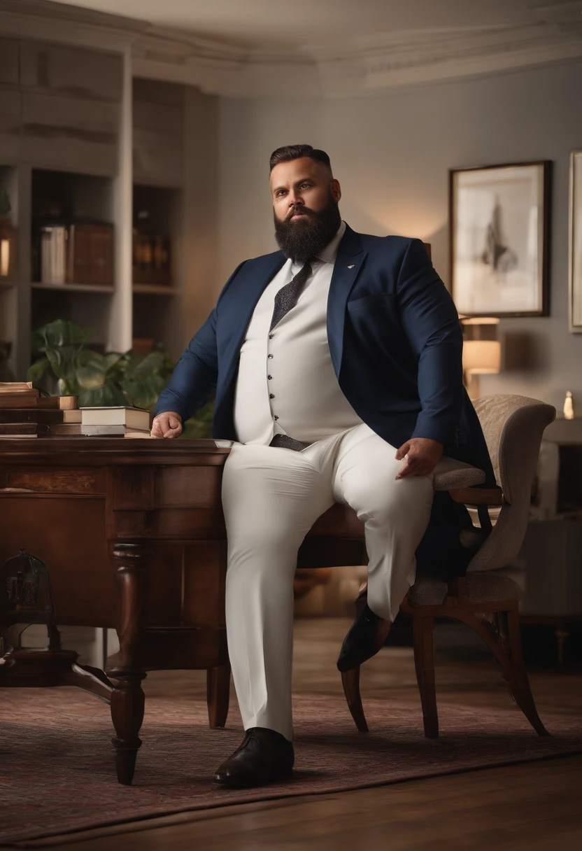 The upper body is wearing a suit,A fat uncle in a suit wearing white underwear on the lower half of his body,The body is strong,There are some beards on the face,Sitting in an office chair with Erlang's legs crossed,Clench your hands into fists and raise them upward