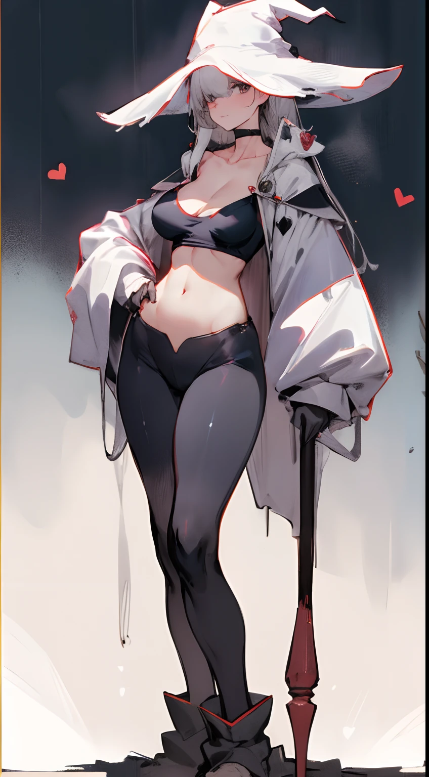 vanilla skin flesh,black hair, very messy_hair,wild_ponytail,black oversized school parka black bandaged breasts, black sexy lingerie, chain mail wrapped in body,black necktie, small breast,small butt,emotionless,corrupted,dynamic standing pose, zbrush sculpt , bare shoulders, bare thighs ,looking at viewer, blank background, navel exposed , bare thighs, full body, bare navel, light smile