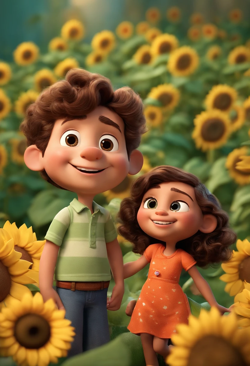 Create a Disney PIXAR-style 3D poster. ((centro da imagem)), ((2 children)) ((2 meninos, They're hugging each other, um menino tem pele castanha e cabelos castanhos escuros e olhos castanhos escuros, outro menino tem pele clara, olhos castanhos e cabelos claro e liso)) ((tudo isso no estilo Disney PIXAR 3D, In the background, A house of sunflowers, Gloria Studio, The garden is full of nature 3D render RTX clay material, estilo de design cartunesco, POP Mart, soft lighting, linhas suaves, Spring tilt, Detailed illustrations of PIXAR 3D, Detalhes hiper-realistas, cor quente no estilo Disney PIXAR 3D))