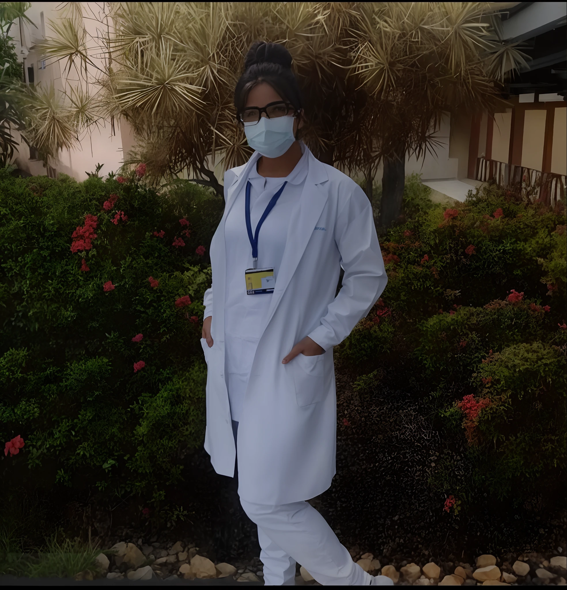 Woman in white coat and mask standing in front of bushes, vestindo jaleco e blusa, vestindo um vestido hospitalar branco, com jaleco, healthcare worker, jaleco e camiseta, usando jaleco, wearing lab coat and glasses, vestindo jaleco, usando jaleco, vestindo um jaleco branco, no hospital em vestido de paciente