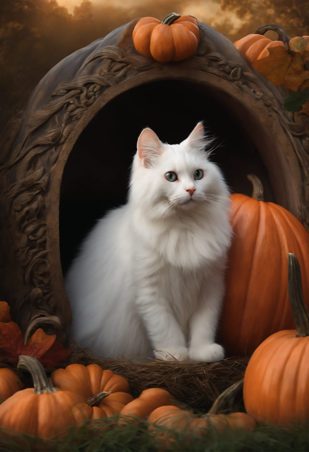 With a photo of a realistic white cat mysteriously peeking out from inside a carved pumpkin、beard is twitching.