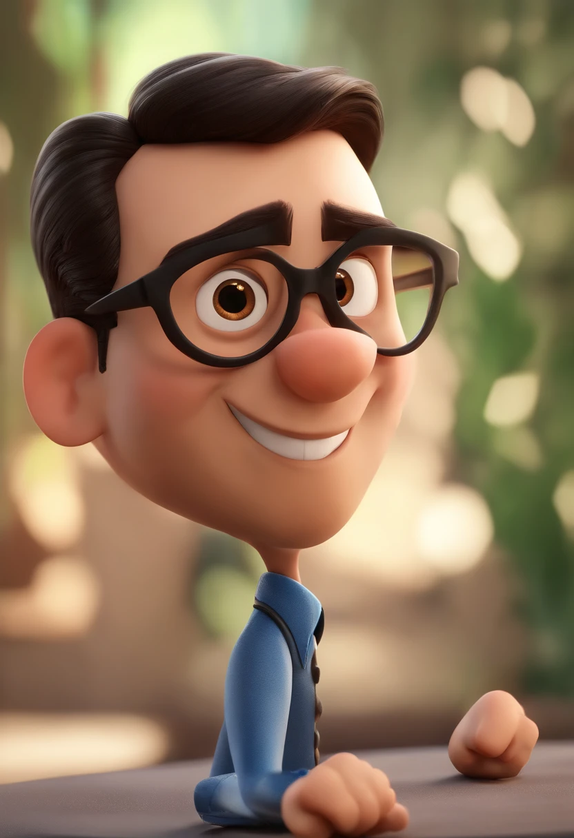 Cartoon character of a man wearing black glasses and a blue shirt, um personagem animado, Caractere estilizado, animation style rendering, 3D estilizado, Arnold Maya render, 3 d render stylized, toon render keyshot, Personagem 3D, Personagem 3D, 3d rendering stylized, 3 d character render, personagem de desenho animado, Personagem de close up, Pose de personagem, (Estilo Pixar) (master part:1.2) (Bokeh) (best quality) (pele detalhada) (textura detalhada) (8k) (argila) (Cinematic lighting) (foco nítido，Senta e vaza a parte superior do corpo