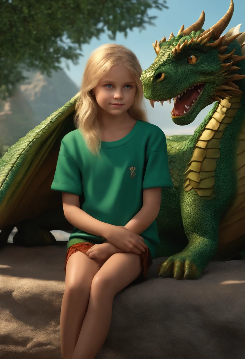 High Resolution Digital Art 8K Image A Very Beautiful Girl Blonde Blue Eyes in Green Sweatshirt on Skirt Looking at a Blue Dragon Ultra Detailed Ultra Detailed Ultra Realistic Shadows