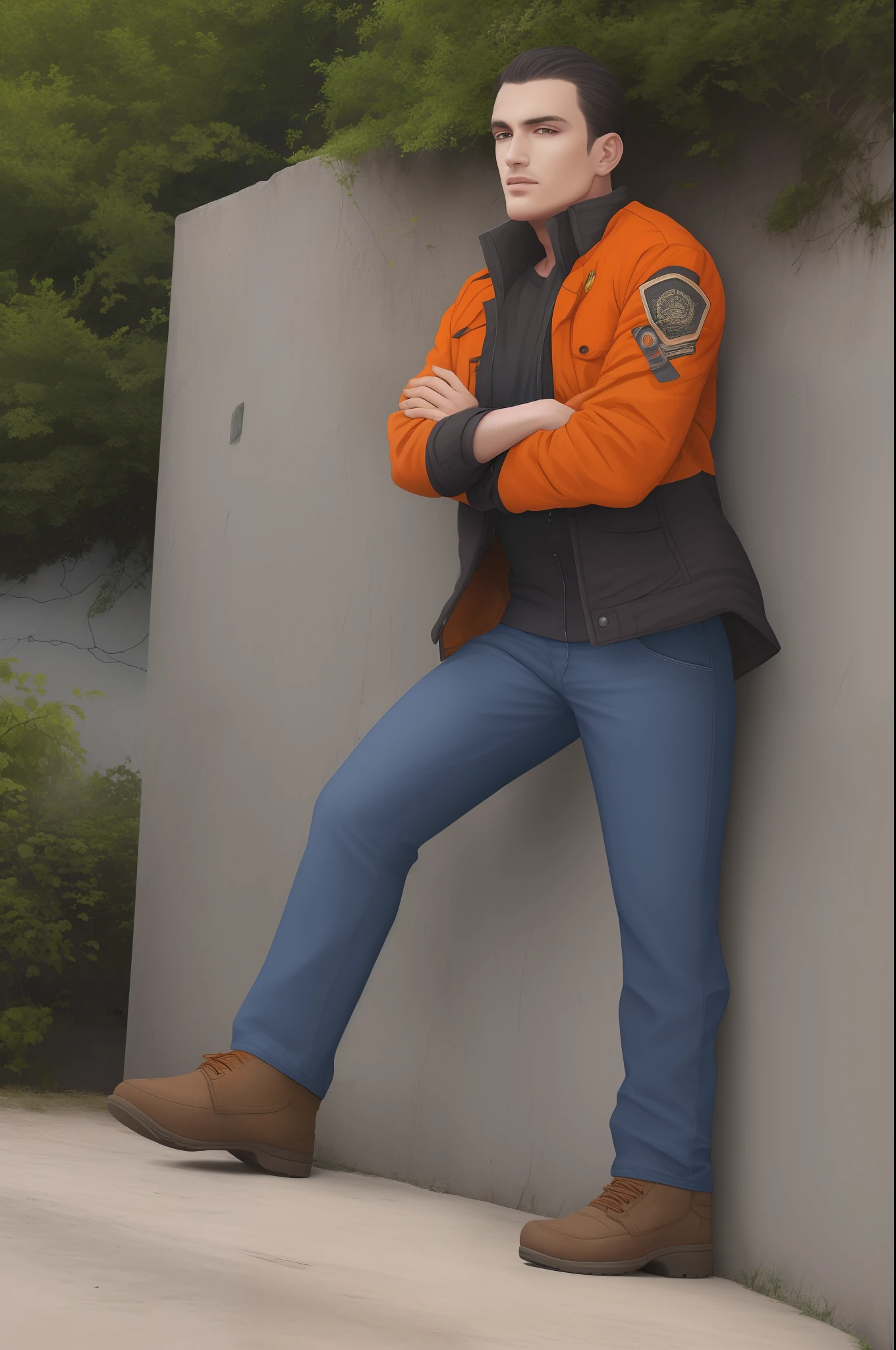 Varon . chofer de ambulancia. Morocho. Campera naranja. Con barba.robusto