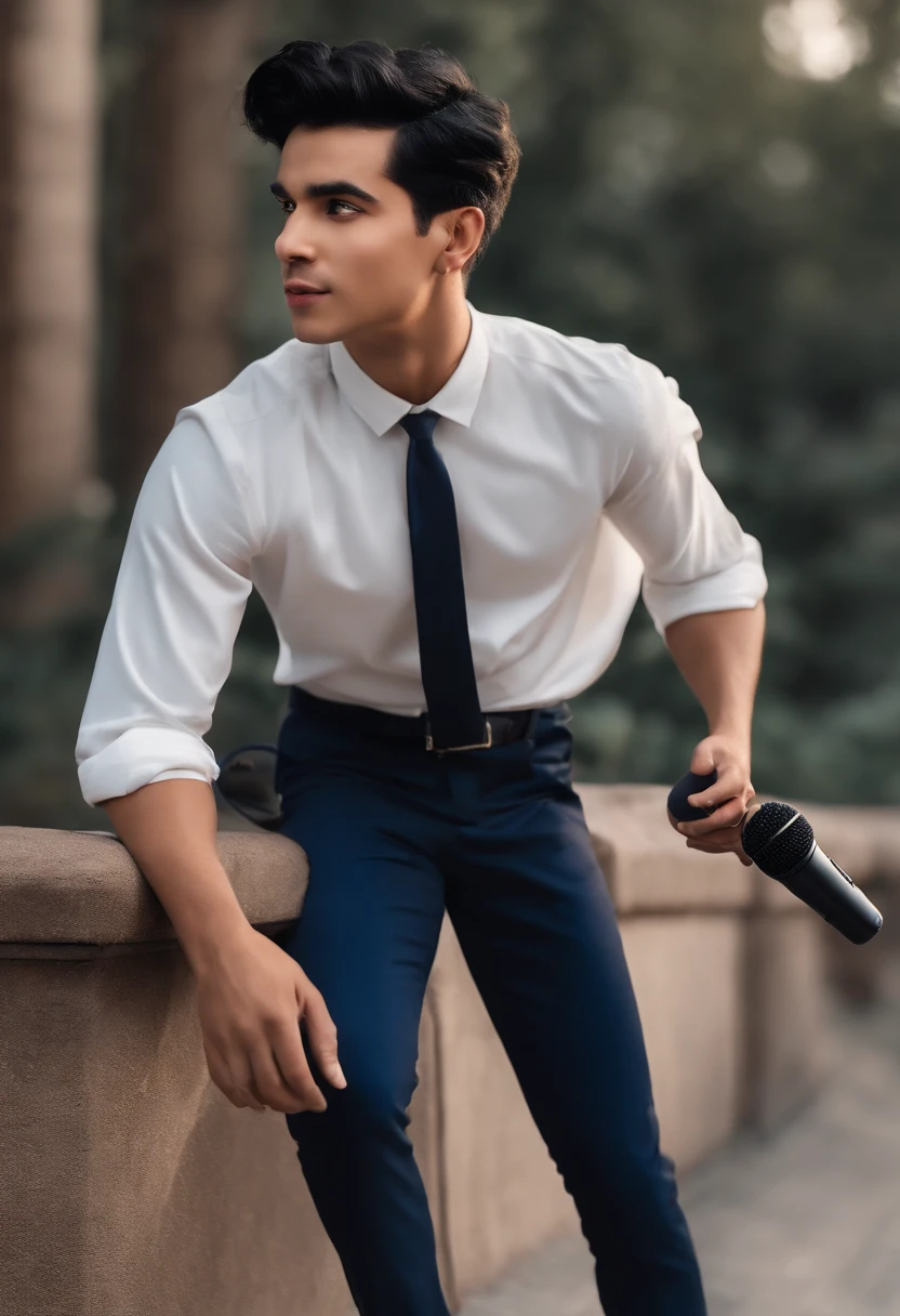 Make Disney Pixar Style Poster Young Man Straight Black Hair Singer Style On White Background Black Short Shirt Navy Blue Pants And Holding Microphone