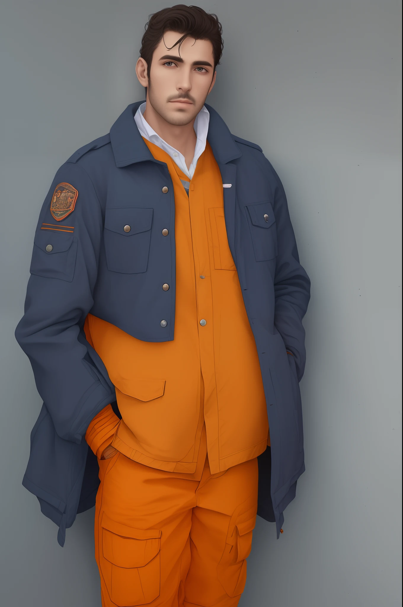 Varon . chofer de ambulancia. Morocho. Campera naranja. Con barba.robusto