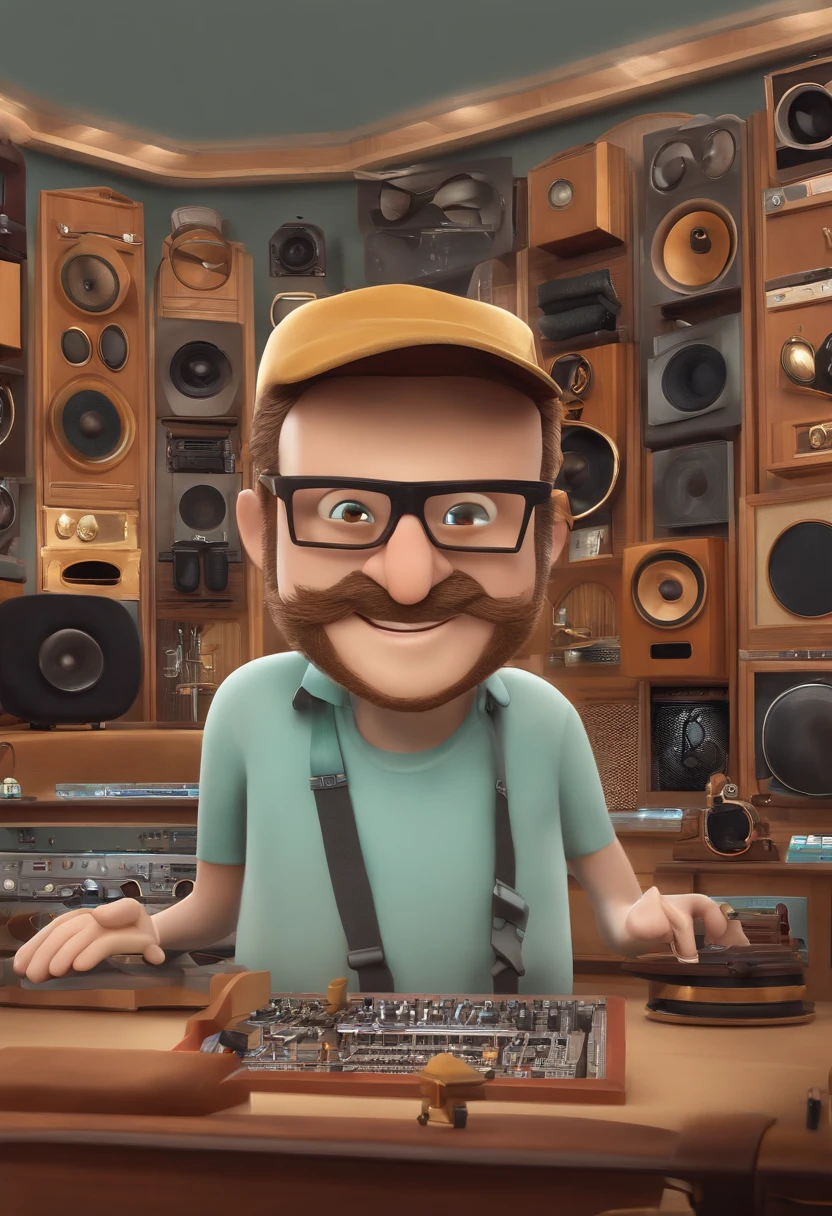 um homem, em breve, barba curta, olhos castanhos, com fones de ouvido, A music studio in the background, Imagem no estilo Pixar, Estilo de filme animado 3D, Disney, camiseta preta