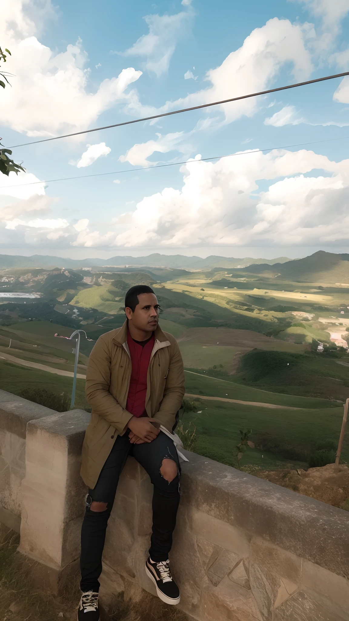 Arafed man sitting on a wall overlooking a scenic landscape, com uma cidade em segundo plano, bela vista, arredores da cidade, great view, cidade em segundo plano, Colinas ao fundo, paradise in the background, no topo de uma colina, com vista para um vale, com aldeia, amazing view, com a terra ao fundo, album photo